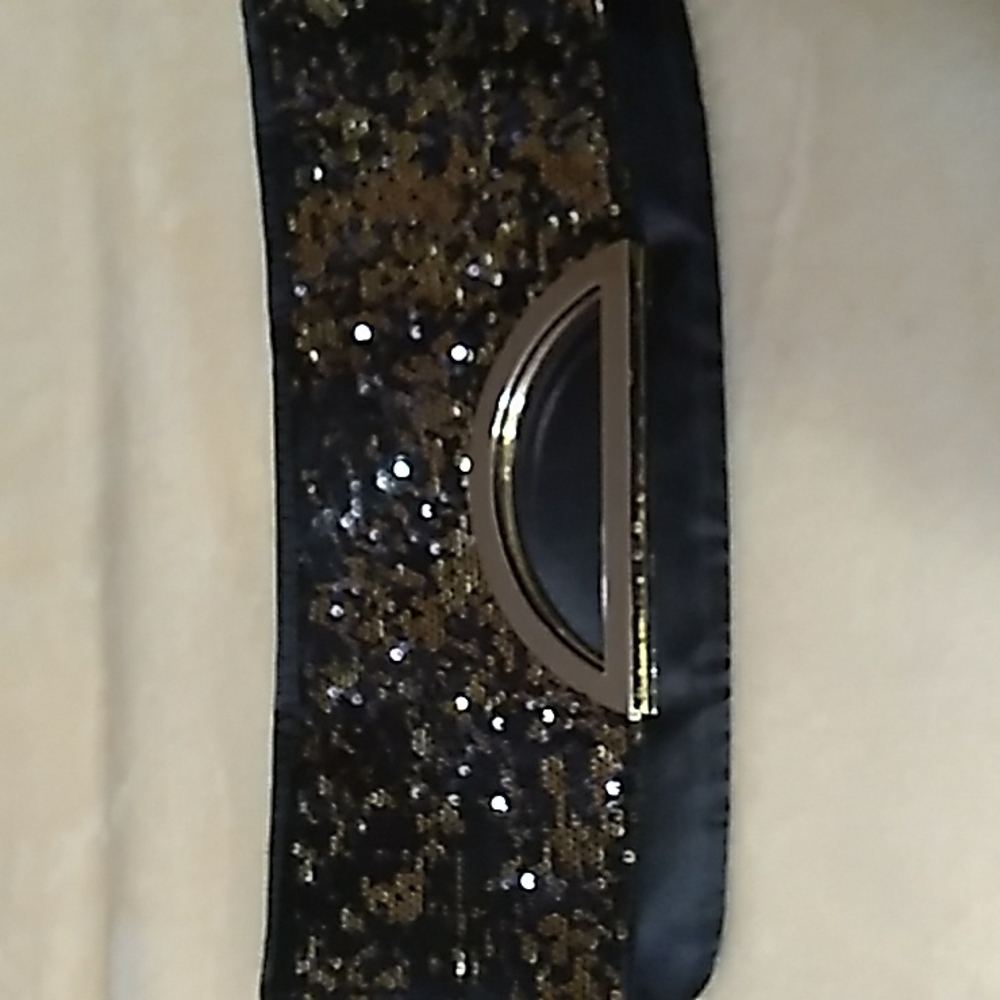 Black Satin Handbag/Clutch With Golden Sequin Golden Hardware